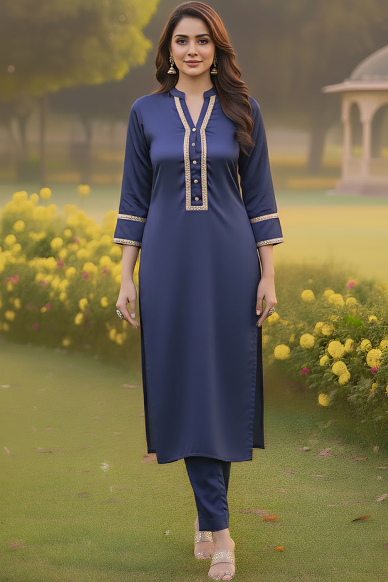 Navy Blue Charmeuse Silk Lacework Adeeba Kurta
