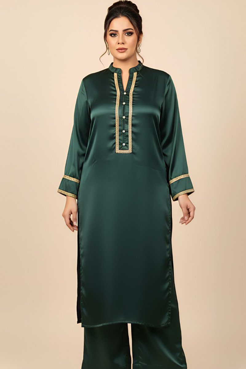Bottle Green Charmeuse Silk Lacework Adeeba Kurta