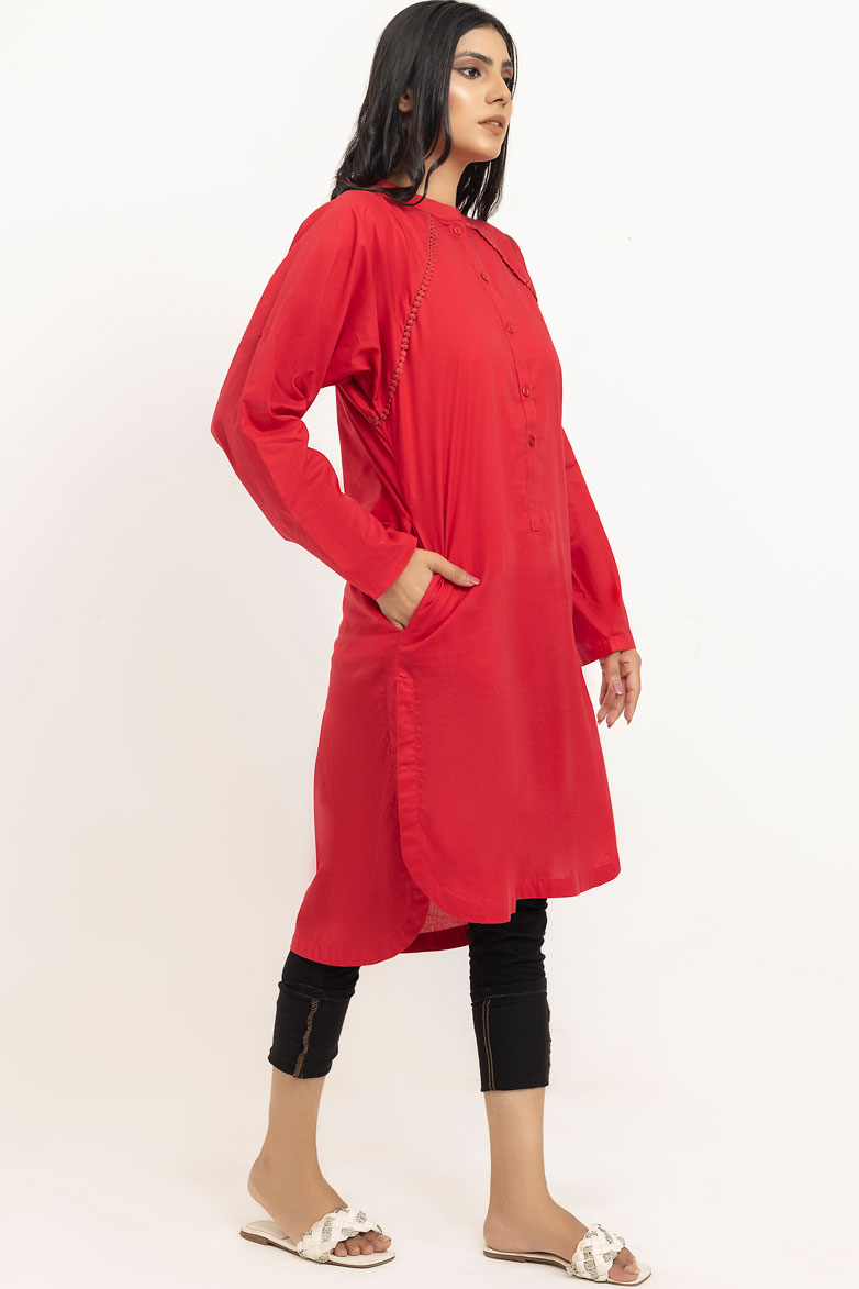 Red Cotton Urban Kurta with Pockets