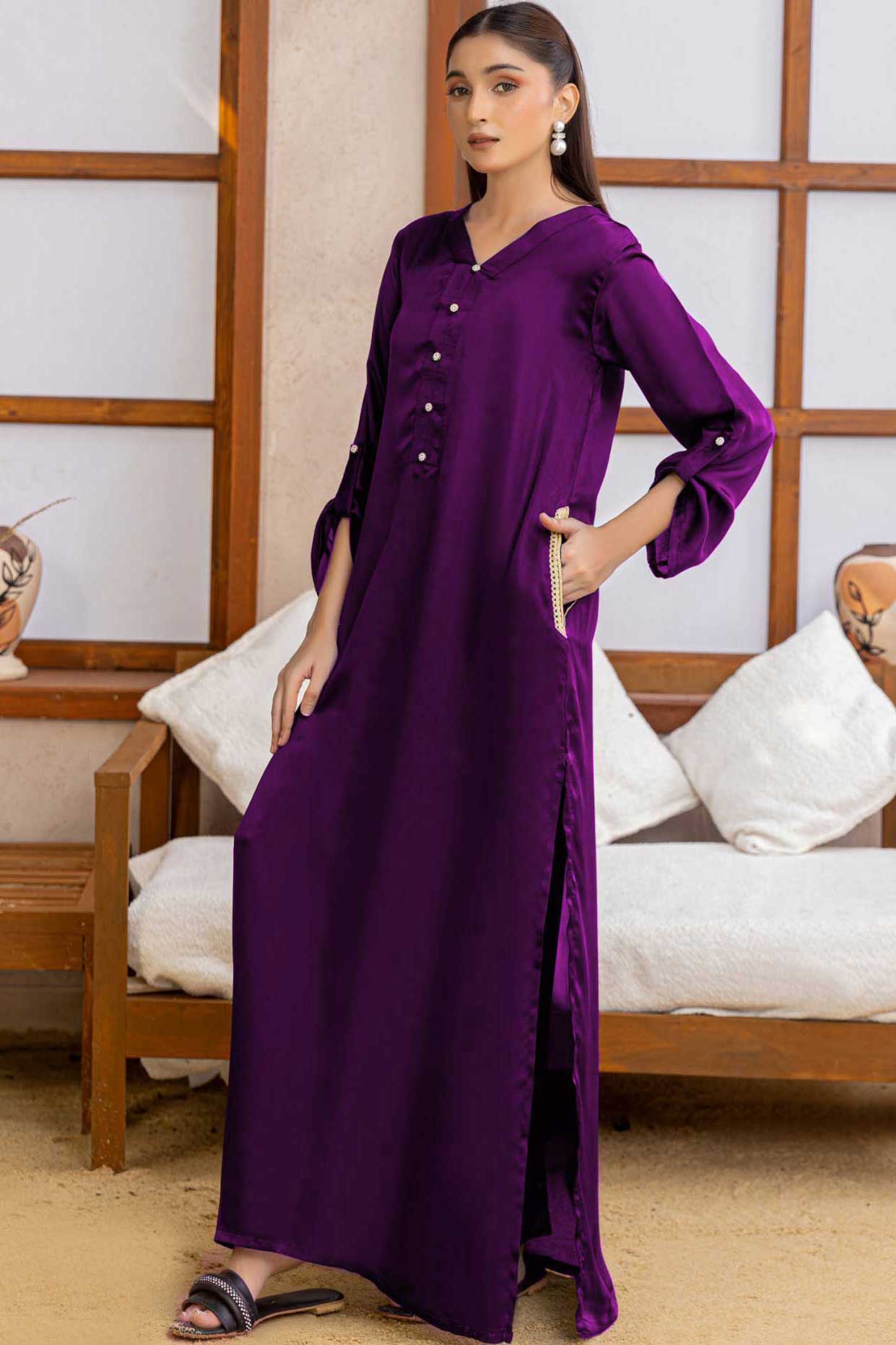 Purple Double Pocket Tharveen Charmeuse Silk Kurta with Lacework