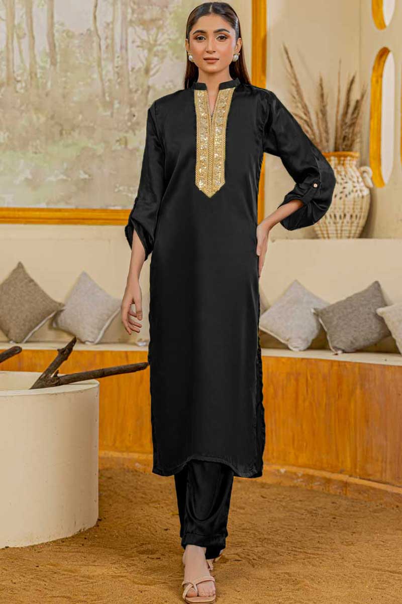Charmeuse Silk Aiman Black Kurta With Dori & Sequin Embroidery