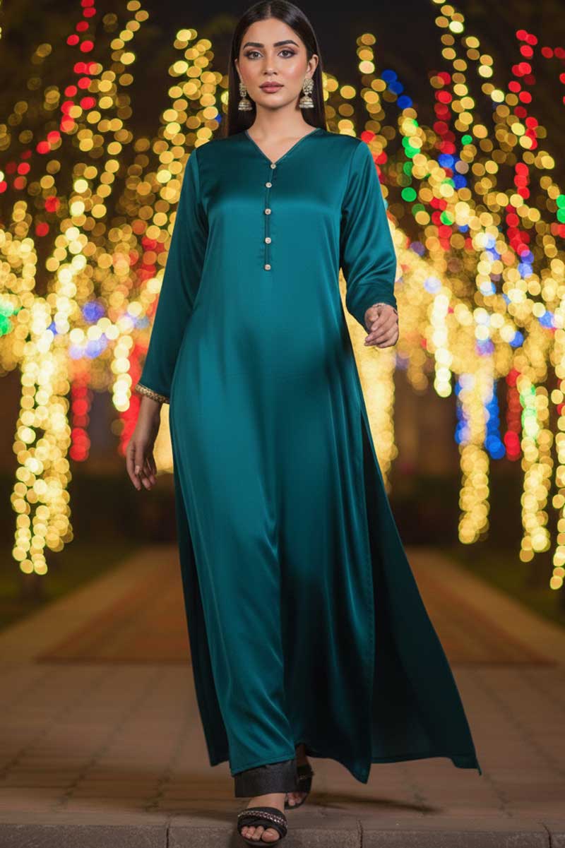 Teal Khaas Silk Ultra Long Kurta with Lacework