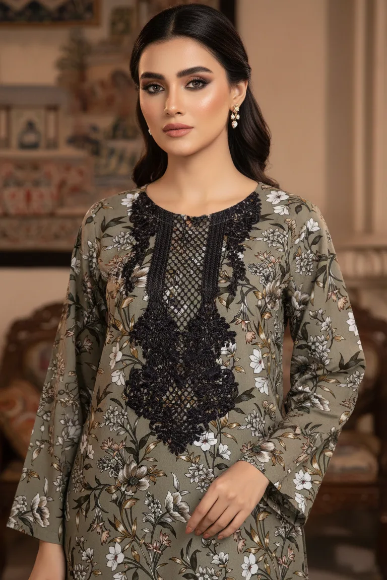 Gul-e-Raaz  Linen Kurta With Black Embroidery