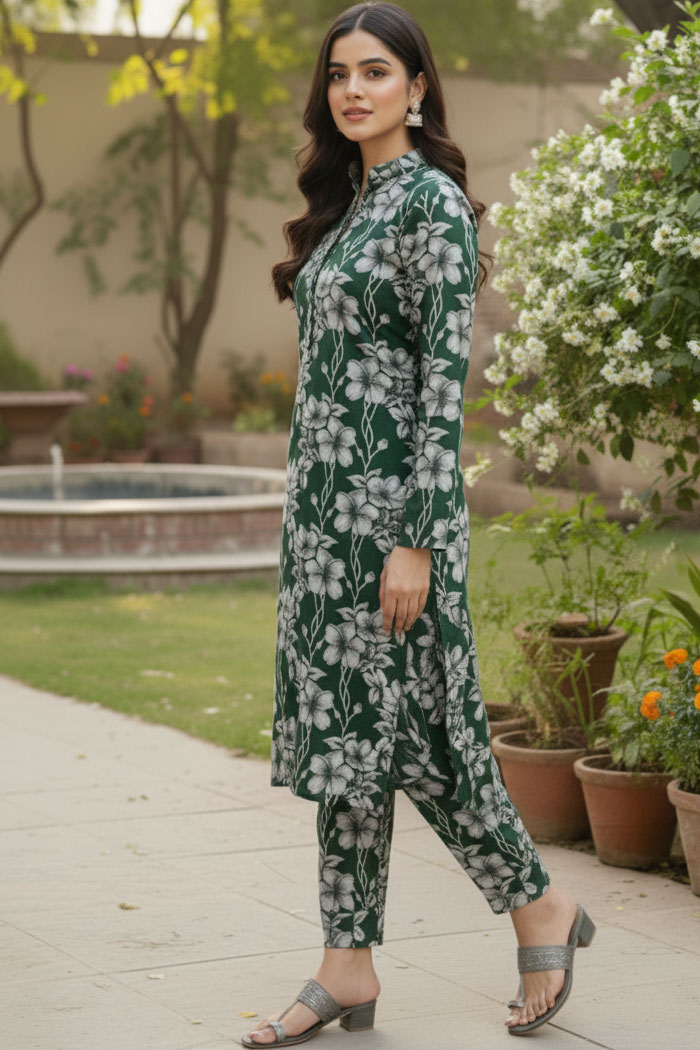 Two Piece: Bottle Green Nayab Raat Linen Kurta with Trouser