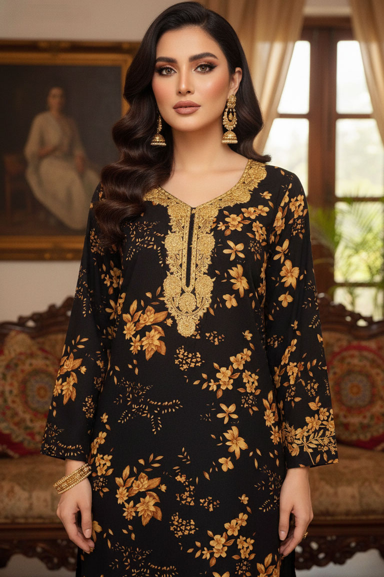 Black Shamiyana Linen Kurta with Golden Embroidery