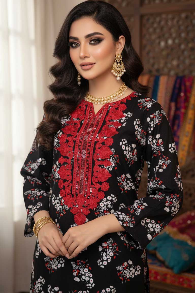 Black Shabnum Linen Kurta with Red Embroidery
