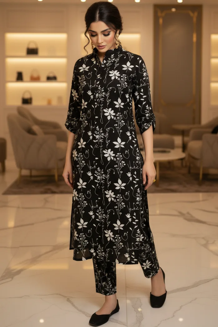Two Piece: Black Silsila-e-Khwaab Linen Kurta with Trouser