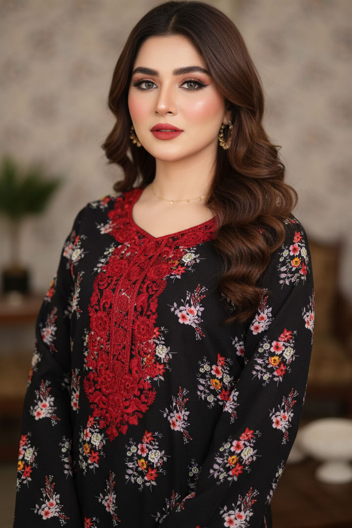 Black Ruhani Kurta with Maroon Embroidery