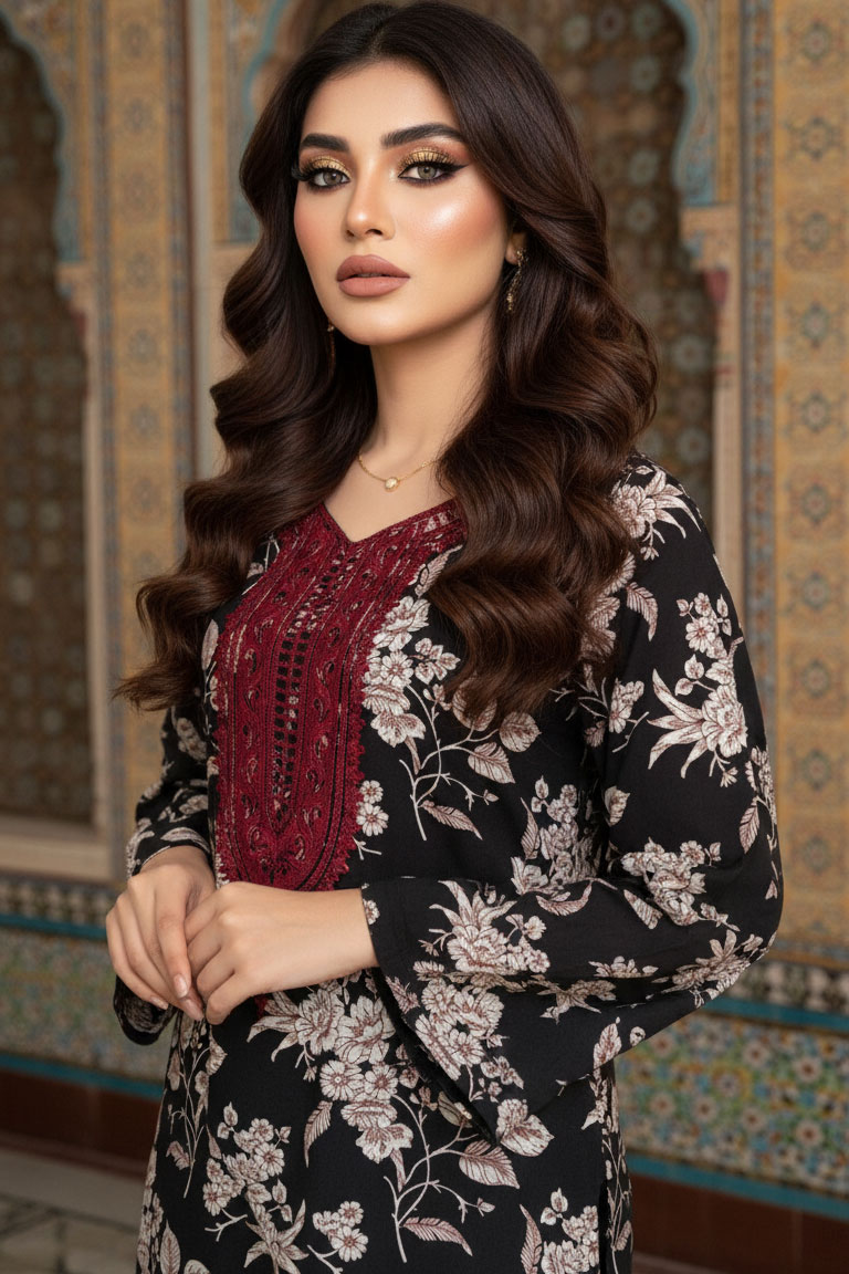 Black Mehfil Kurta with Maroon Embroidery