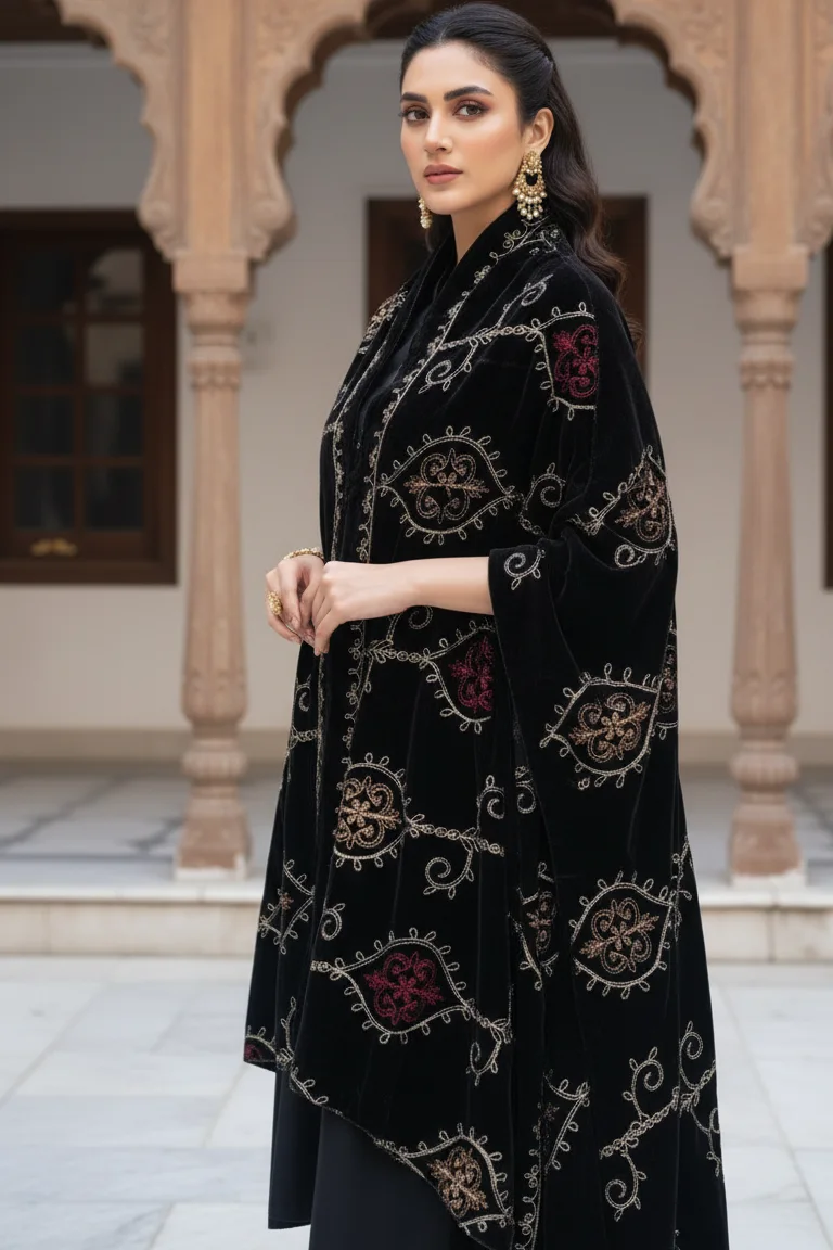 Black Velvet Raat-e-Haseen Shawl Poncho with Embroidery