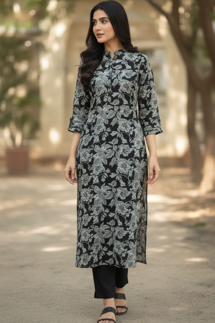 Black Nish-e-Subh Linen Kurta