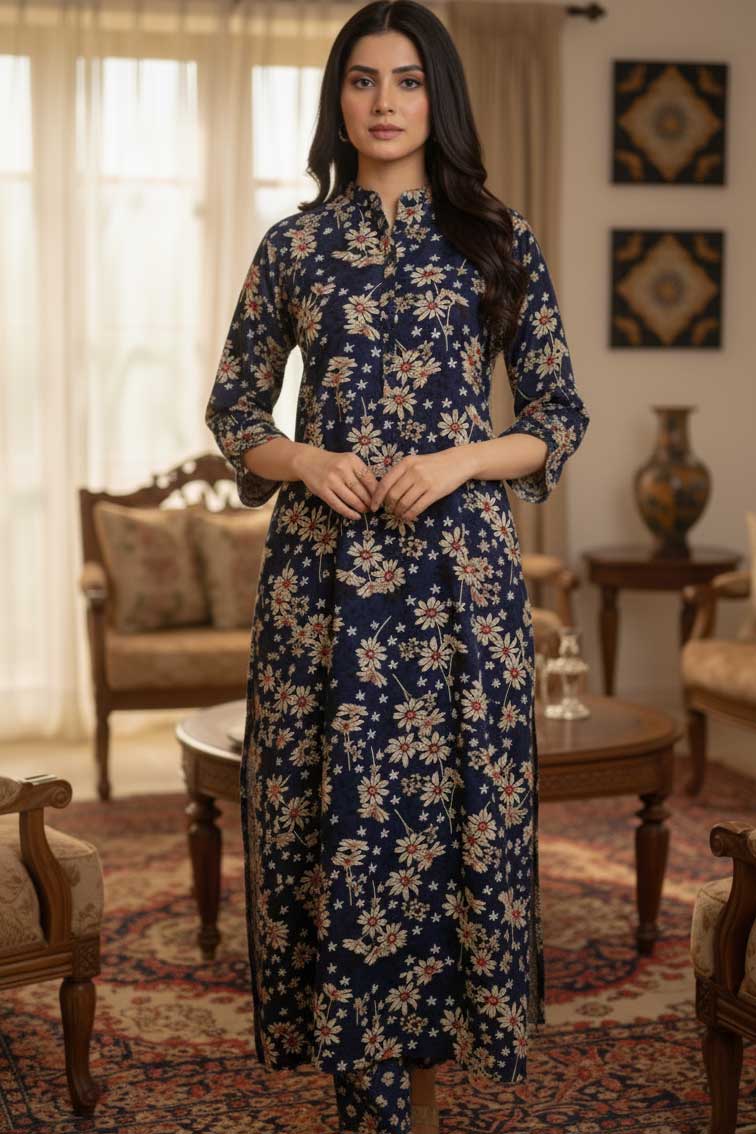 Two Piece: Navy Sheher-e-Sard Raat Linen Kurta with Trouser