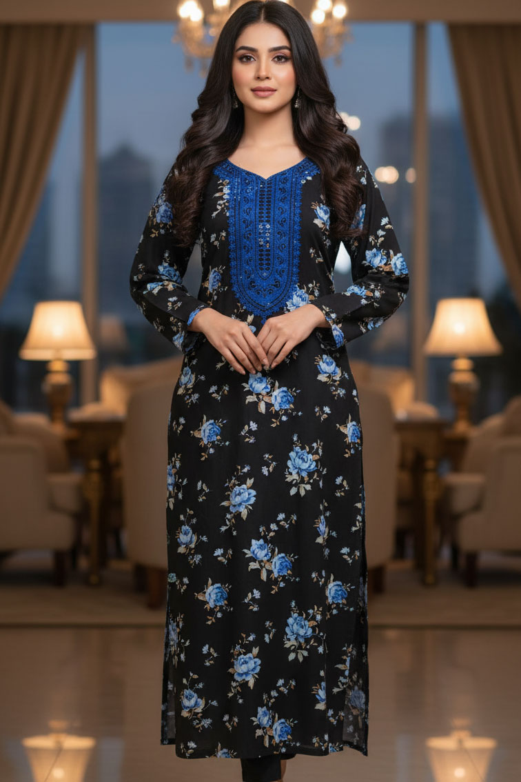 Black Mah-e-Tabassum Kurta with Blue Embroidery