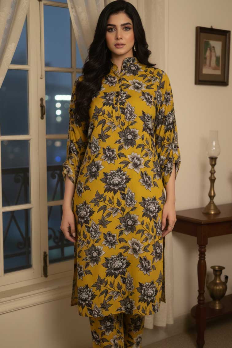 Two Piece: Yellow Sard Gosha Linen Kurta with Trouser