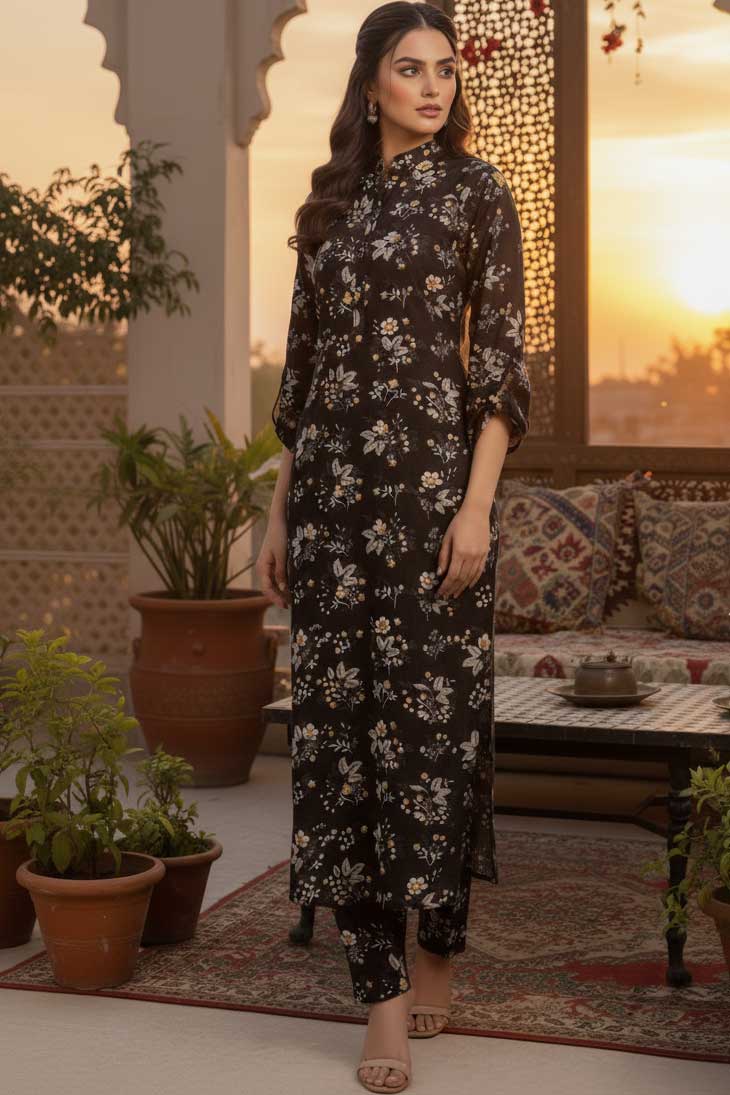 Two Piece: Black Urooj Linen Kurta with Trouser