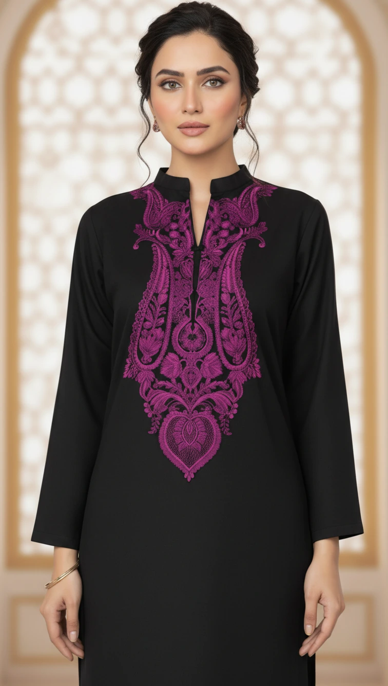 Black Suroor Linen Kurta with Purple Embroidery