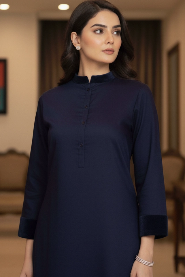 Navy Sultan Easy Care Linen Kurta with Velvet Cuff &amp; Collar