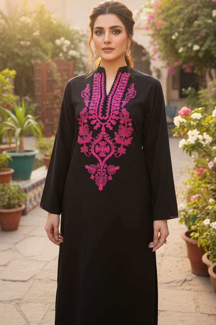 Black Junoon Linen Kurta with Pink Embroidery