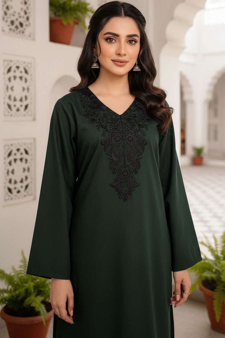 Bottle Green Koh-e-Noor Easy Care Linen Kurta with Black Embroidery